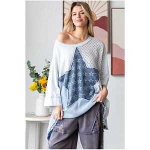 Oli & Hali Star Print Color block Oversized Short Sleeve Top